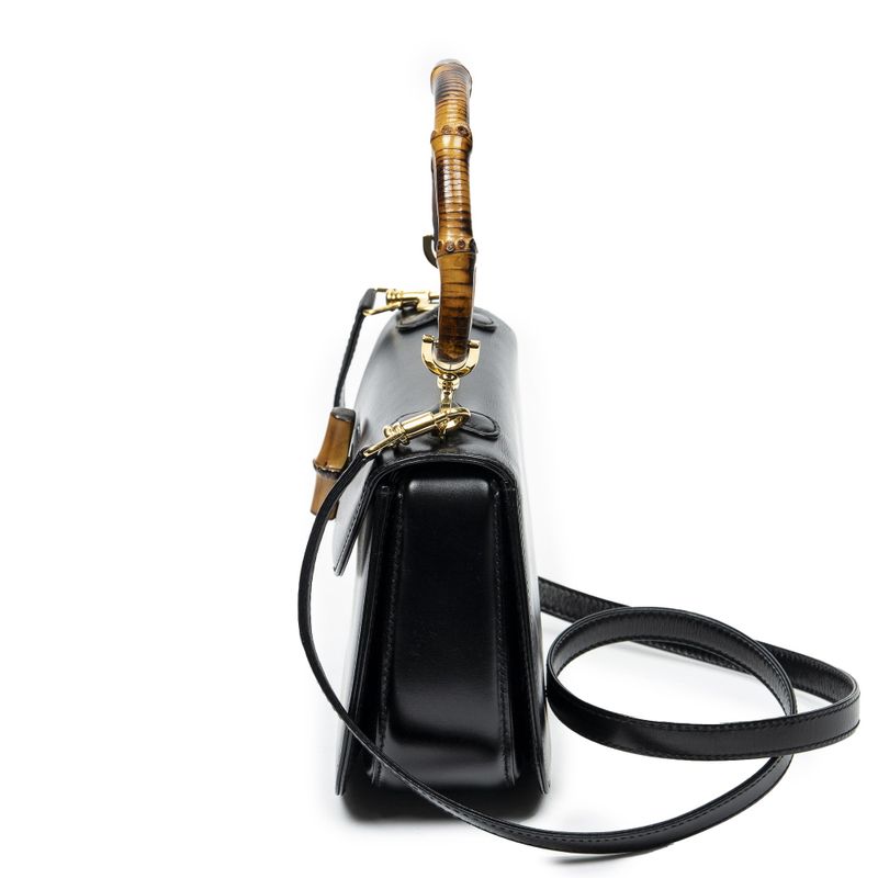 Gucci Small Bamboo Top Handle Flap Black Slim Skirt Fusskin Leather