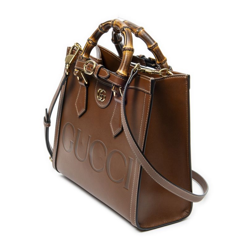 Gucci Small Diana Logo Bamboo Tote Brown Embossed Leather