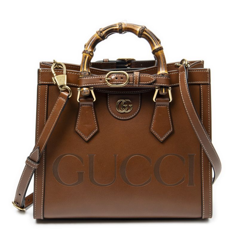 Gucci Small Diana Logo Bamboo Tote Brown Embossed Leather