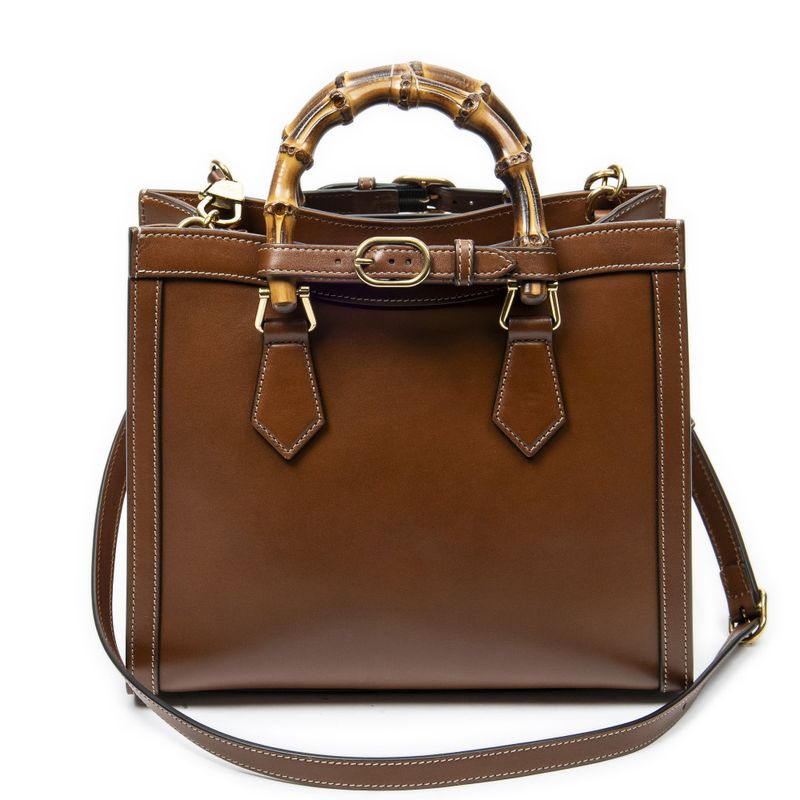 Gucci Small Diana Logo Bamboo Tote Brown Embossed Leather