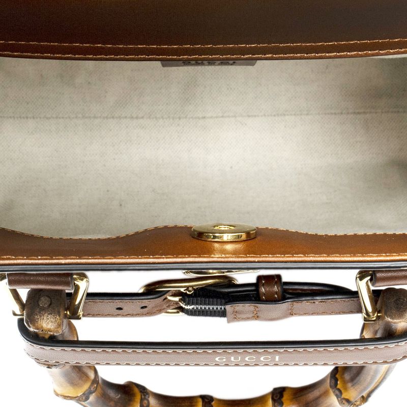 Gucci Small Diana Logo Bamboo Tote Brown Embossed Leather