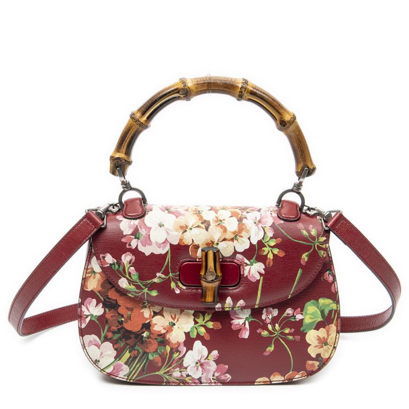 Gucci Midi Ambu Top Handle Flap Red Blooms Print Leather