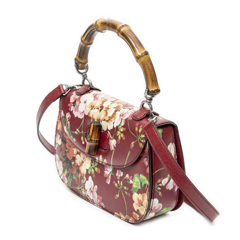 Gucci Midi Ambu Top Handle Flap Red Blooms Print Leather