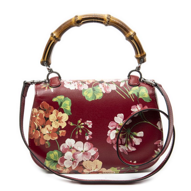 Gucci Midi Ambu Top Handle Flap Red Blooms Print Leather
