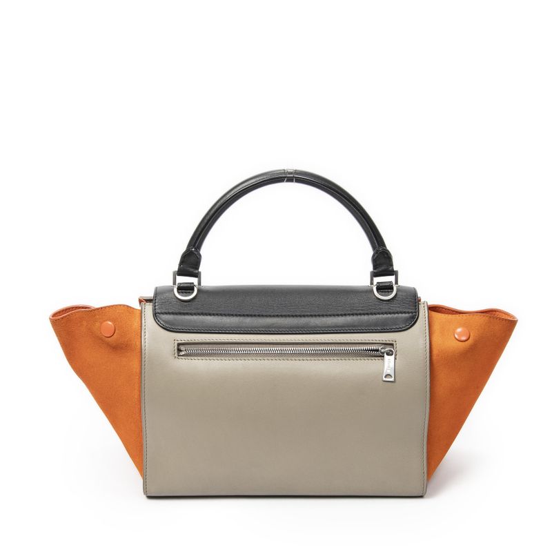 Celine Small Tricolor Trapeze Black Taupe Orange Calfskin Leather Shoulder Bag