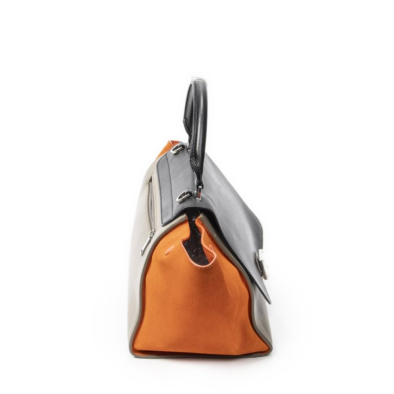 Celine Small Tricolor Trapeze Black Taupe Orange Calfskin Leather Shoulder Bag