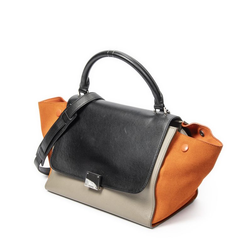 Celine Small Tricolor Trapeze Black Taupe Orange Calfskin Leather Shoulder Bag