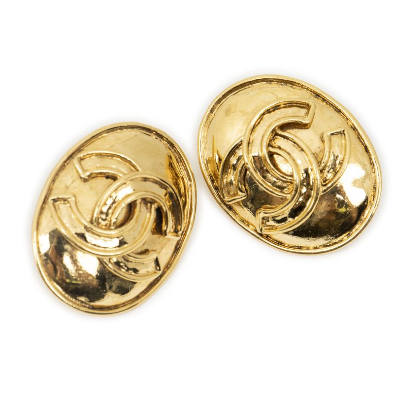 Chanel Cc Oval Clip on Earrings Gold Plated