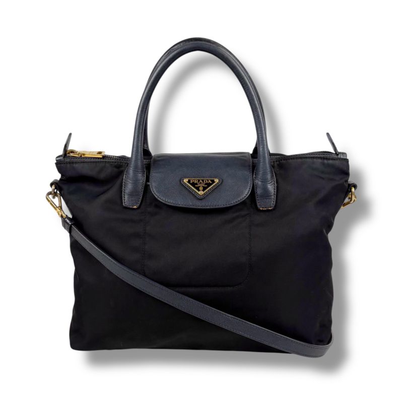 Prada 2-Way Mini Tote Shoulder Bag Black Tessuto Nylon Saffiano Leather Nero