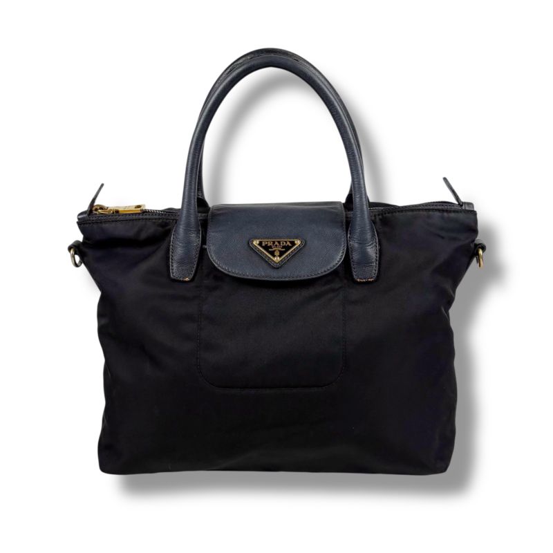 Prada 2-Way Mini Tote Shoulder Bag Black Tessuto Nylon Saffiano Leather Nero