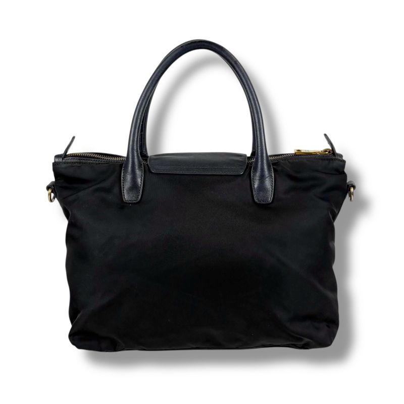 Prada 2-Way Mini Tote Shoulder Bag Black Tessuto Nylon Saffiano Leather Nero