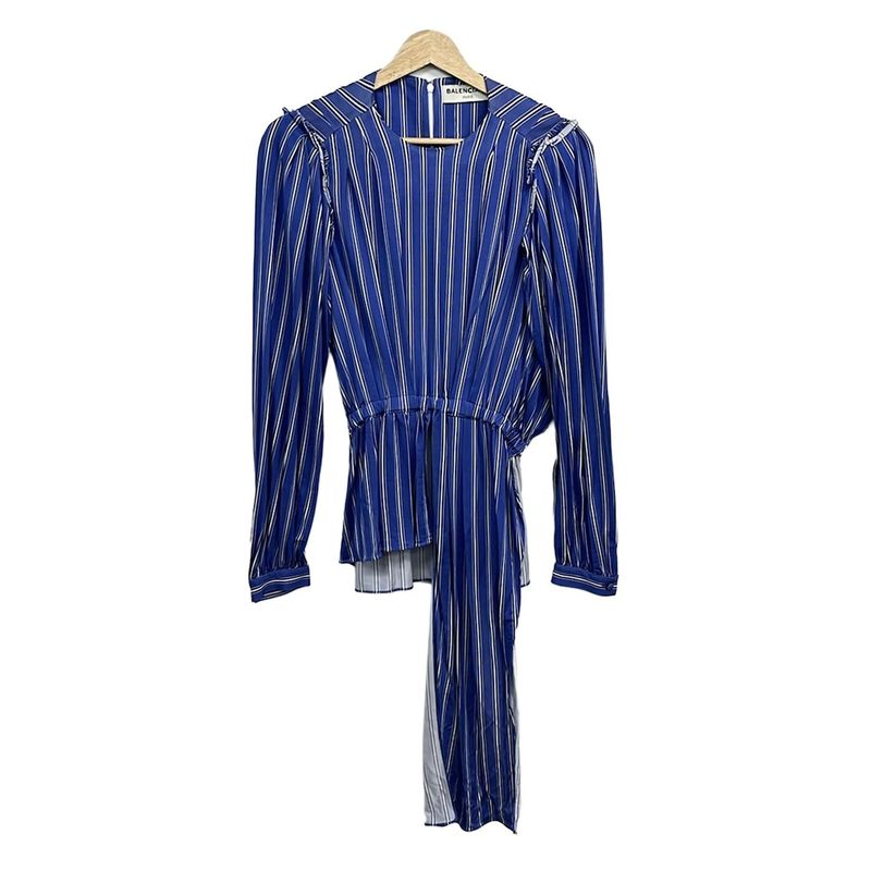 Balenciaga Long Sleeve Shirt Blouse 36 S Blue Navy Sweater X White