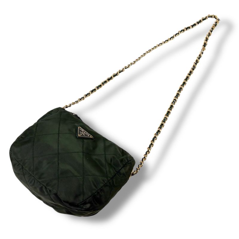 Prada Triangle Logo Chain Shoulder Bag Quilted Tessuto Nylon Khaki Green