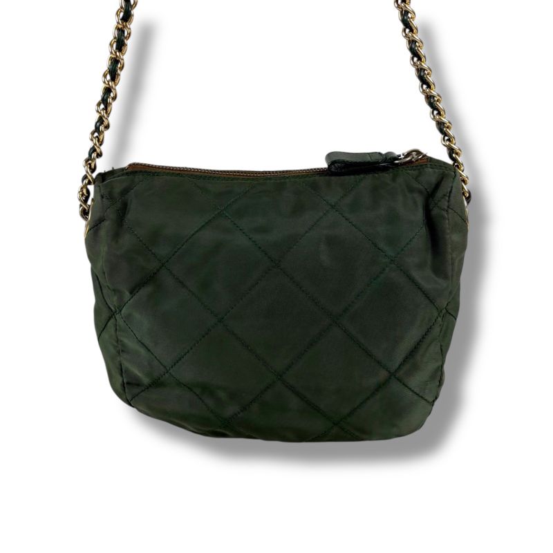 Prada Triangle Logo Chain Shoulder Bag Quilted Tessuto Nylon Khaki Green