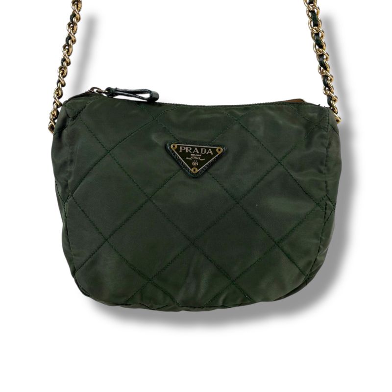 Prada Triangle Logo Chain Shoulder Bag Quilted Tessuto Nylon Khaki Green
