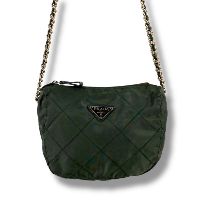 Prada Triangle Logo Chain Shoulder Bag Quilted Tessuto Nylon Khaki Green