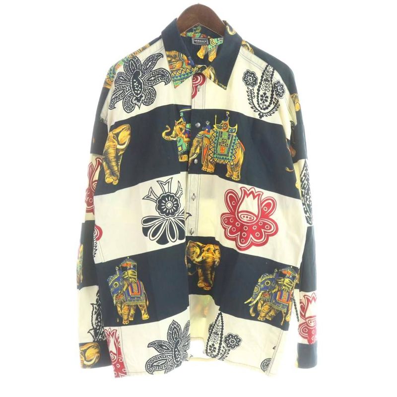 Versace Jeans Couture Casual Shirt Graphic Print Long Black Ivory
