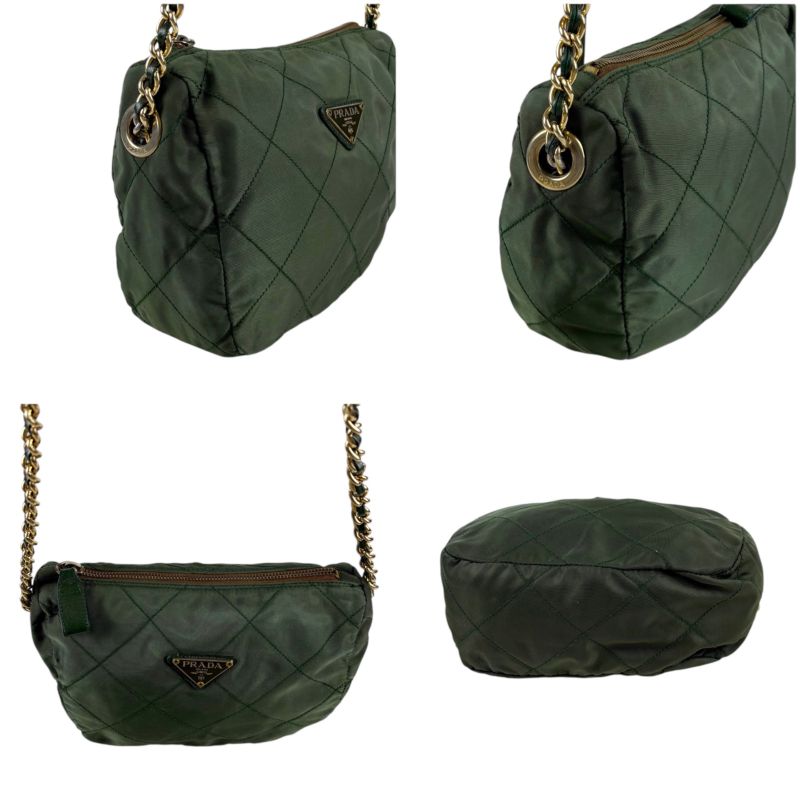 Prada Triangle Logo Chain Shoulder Bag Quilted Tessuto Nylon Khaki Green