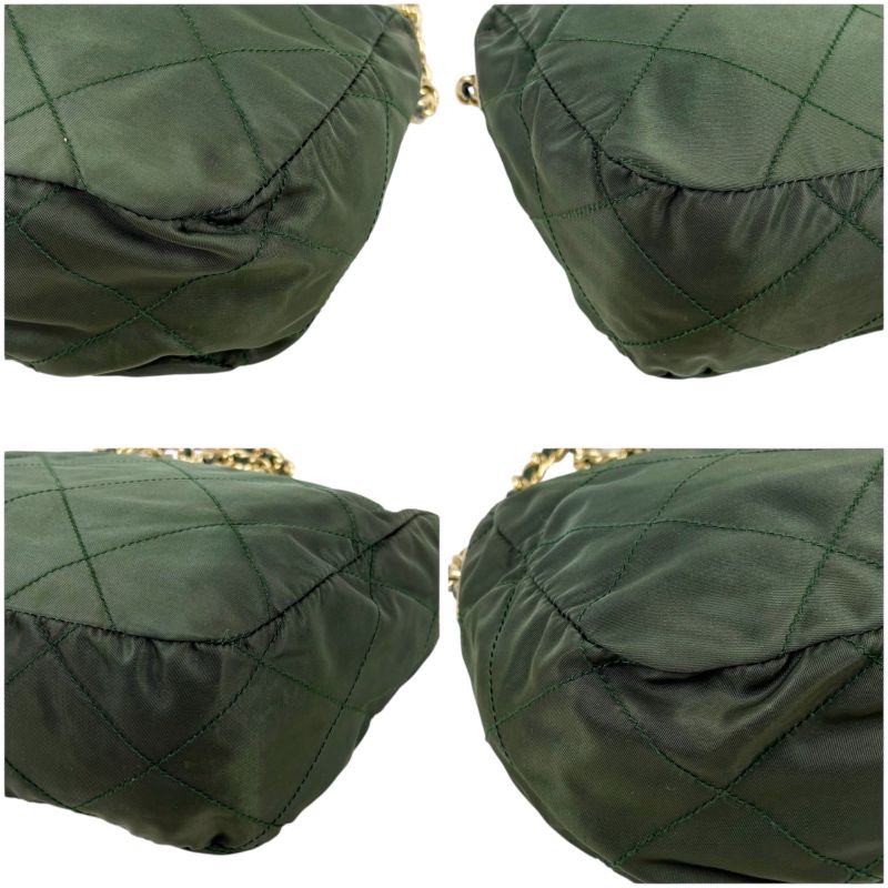 Prada Triangle Logo Chain Shoulder Bag Quilted Tessuto Nylon Khaki Green
