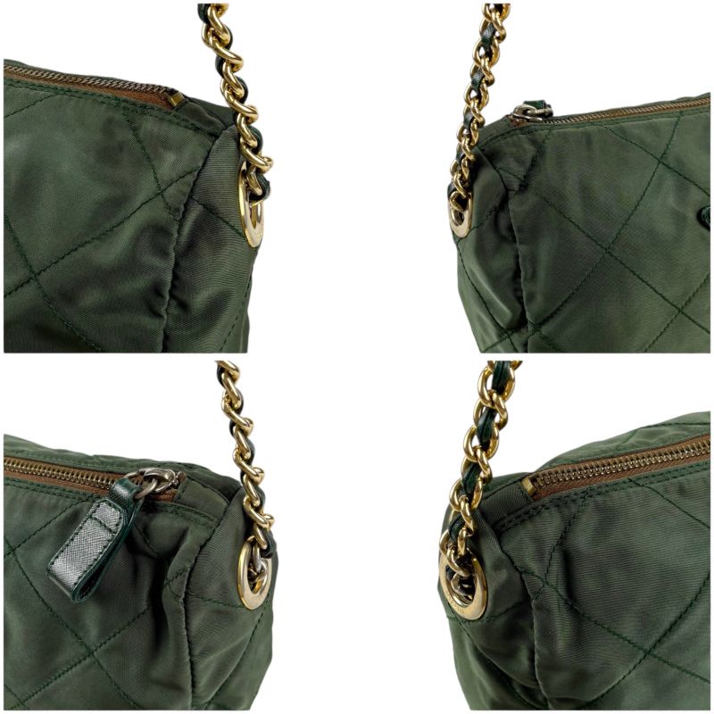 Prada Triangle Logo Chain Shoulder Bag Quilted Tessuto Nylon Khaki Green