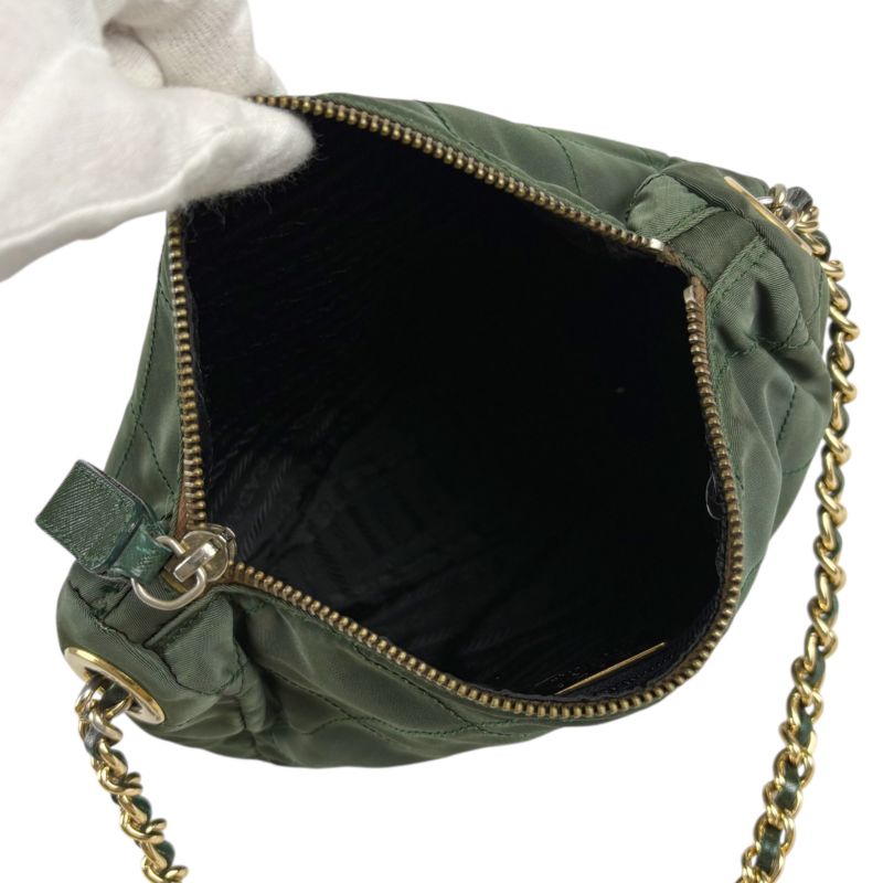 Prada Triangle Logo Chain Shoulder Bag Quilted Tessuto Nylon Khaki Green