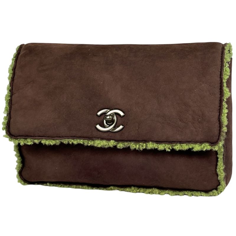 Chanel CC Logo Clutch Boa Pouch Mouton Brown Green