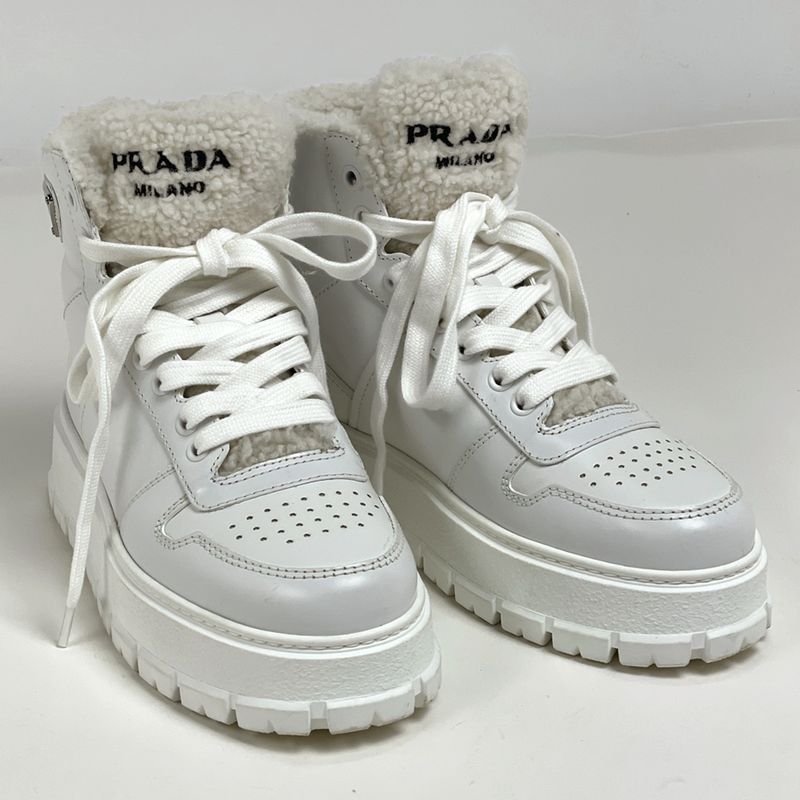 Prada High Cut Sneakers Boa Shoes Leather White