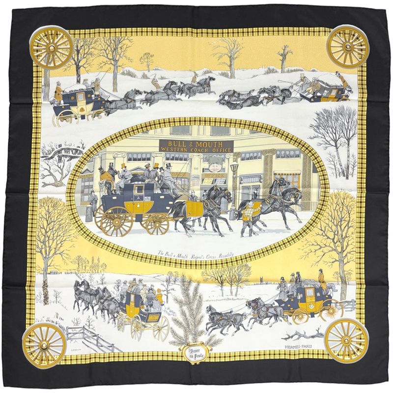 Hermes Carre 90 the Bull & Mouth Regents Circus Piccadilly Mail Scarf Black Multi-color