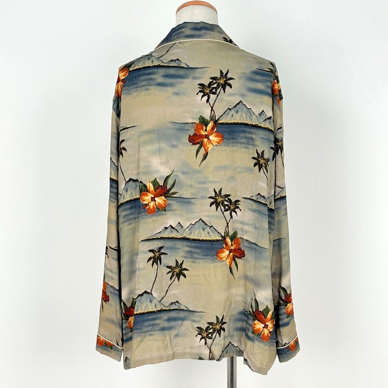Celine Print Pajamas Hibiscus Top Long Sleeve Shirt Rayon Green Orange Multicolor