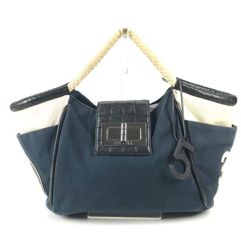 Chanel Handbag Rope Handle No5 Canvas Navy White