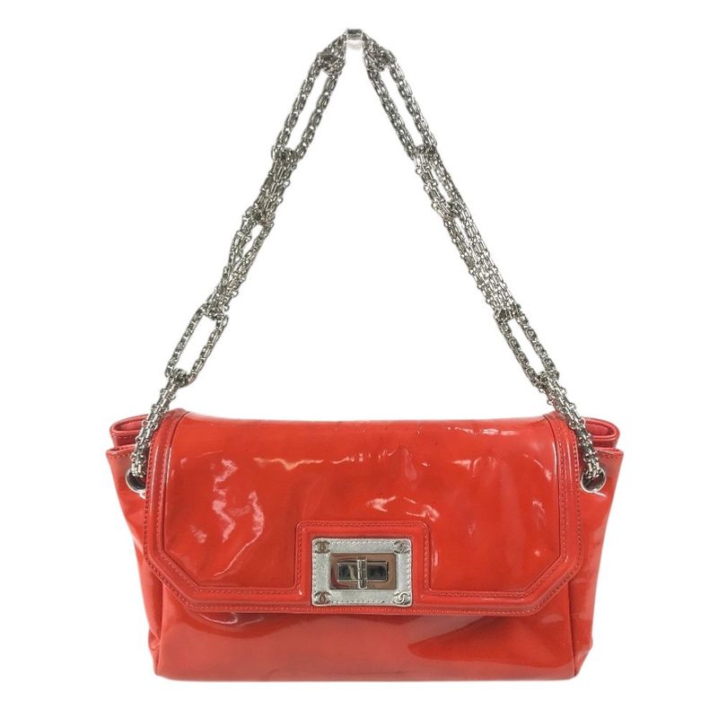 Chanel Shoulder Bag Logo Patent Leather Red Orange Red-orange