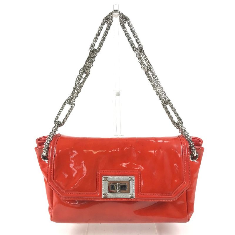 Chanel Shoulder Bag Logo Patent Leather Red Orange Red-orange