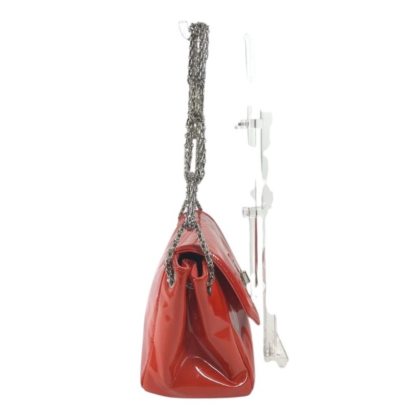 Chanel Shoulder Bag Logo Patent Leather Red Orange Red-orange