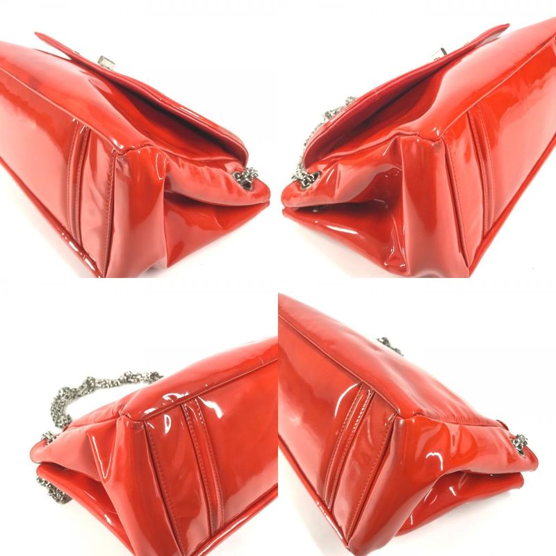 Chanel Shoulder Bag Logo Patent Leather Red Orange Red-orange