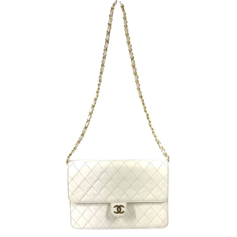 Chanel Shoulder Bag Chain CC Logo Quilted Leather White