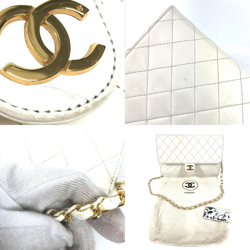 Chanel Shoulder Bag Chain CC Logo Quilted Leather White