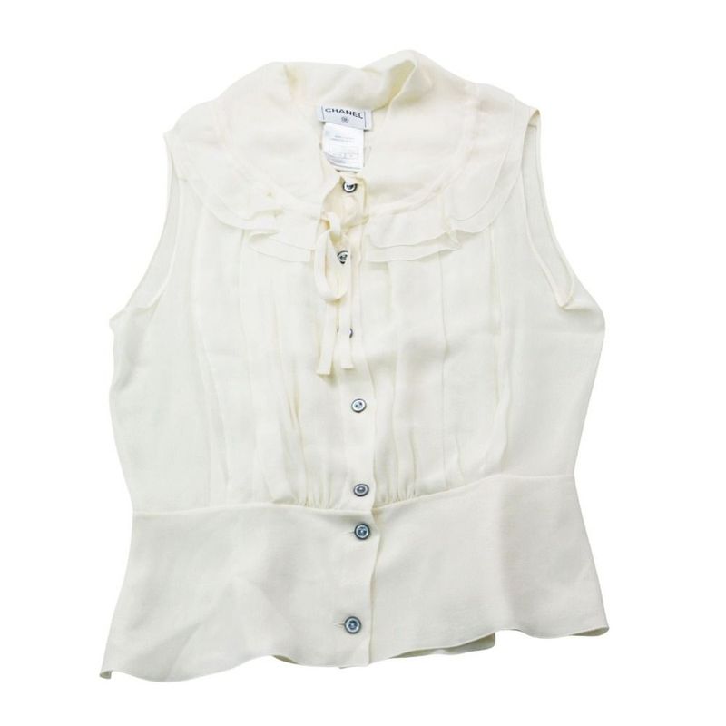Chanel Silk Blouse Shirt Sleeveless Frill Ribbon Sheer Top 09C 42
