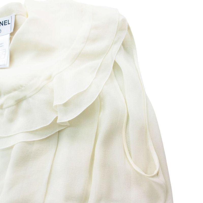Chanel Silk Blouse Shirt Sleeveless Frill Ribbon Sheer Top 09C 42