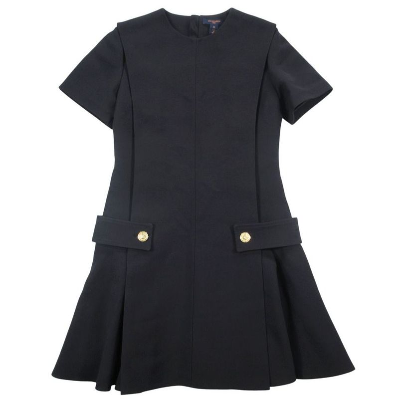 Louis Vuitton Dress Short Sleeve LV Logo Gold Button Wool Silk 36 S Black