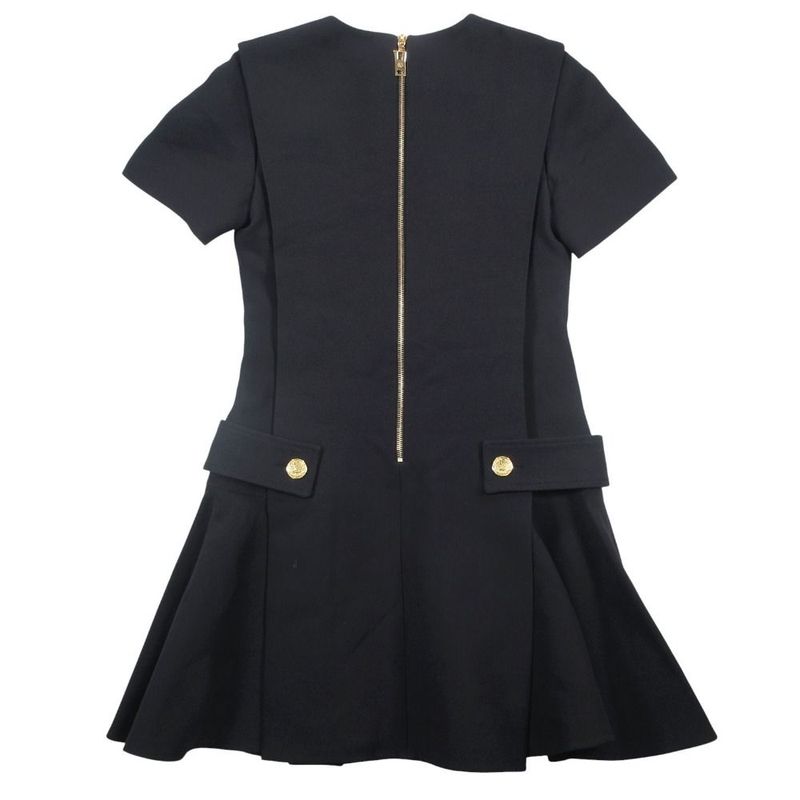 Louis Vuitton Dress Short Sleeve LV Logo Gold Button Wool Silk 36 S Black