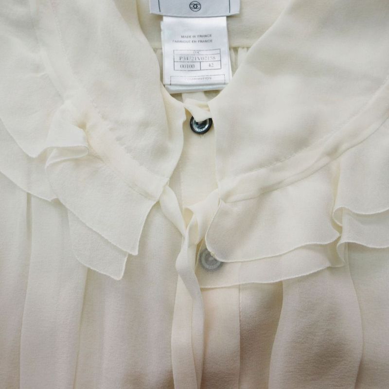 Chanel Silk Blouse Shirt Sleeveless Frill Ribbon Sheer Top 09C 42