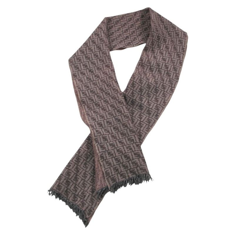 Fendi Zucca Pattern Shawl Scarf Wool Fringe Beige