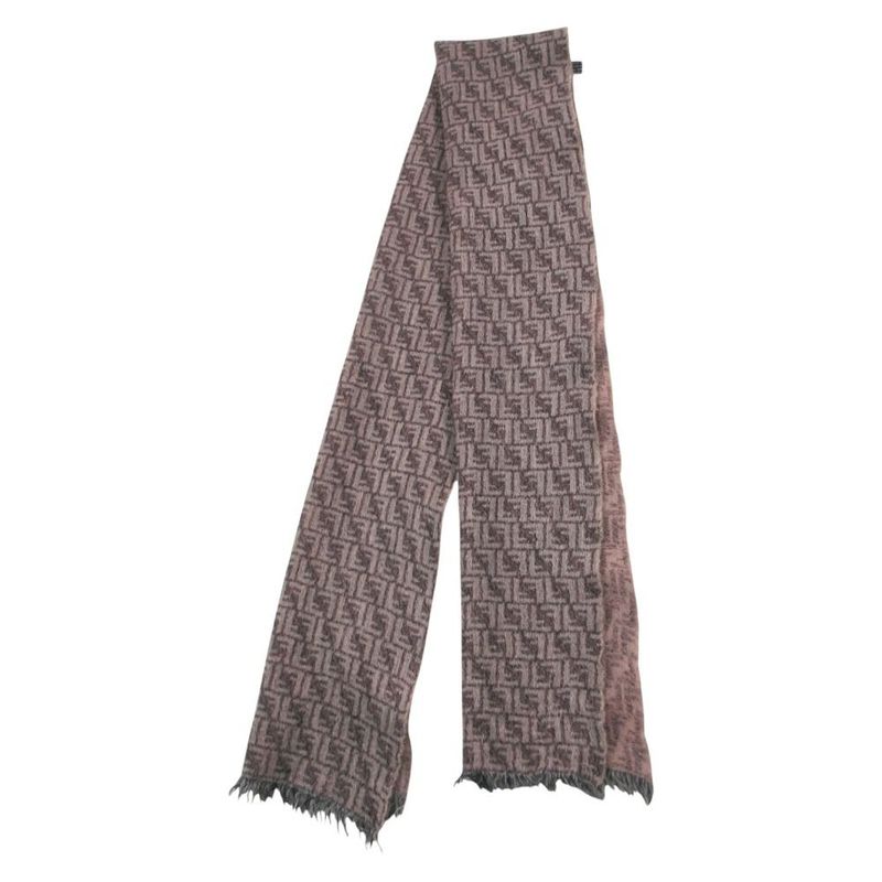 Fendi Zucca Pattern Shawl Scarf Wool Fringe Beige