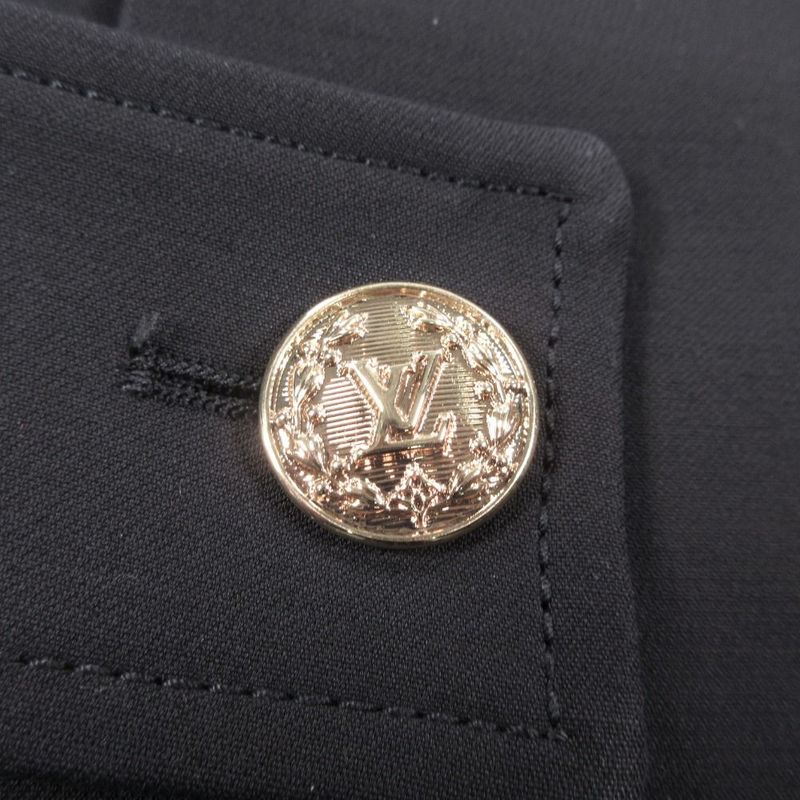 Louis Vuitton Dress Short Sleeve LV Logo Gold Button Wool Silk 36 S Black