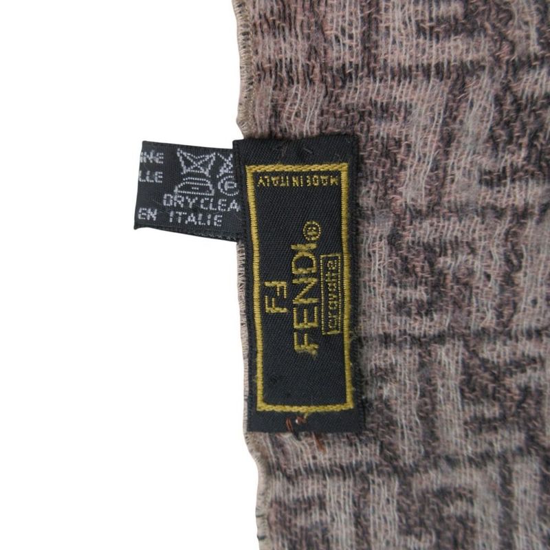 Fendi Zucca Pattern Shawl Scarf Wool Fringe Beige