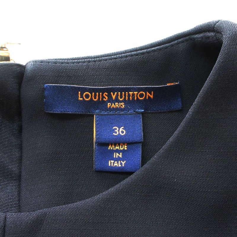 Louis Vuitton Dress Short Sleeve LV Logo Gold Button Wool Silk 36 S Black