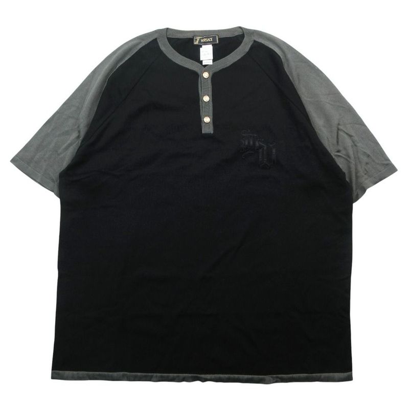 Versace Vintage Henley Neck Knit T-Shirt Short Sleeve Logo