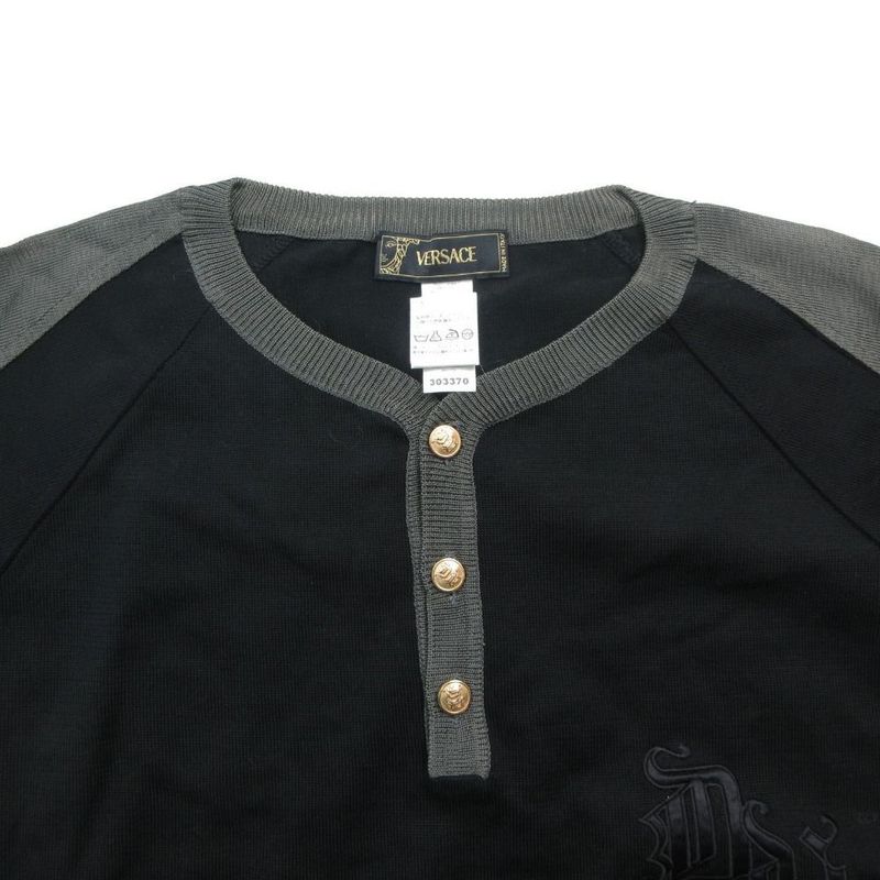 Versace Vintage Henley Neck Knit T-Shirt Short Sleeve Logo