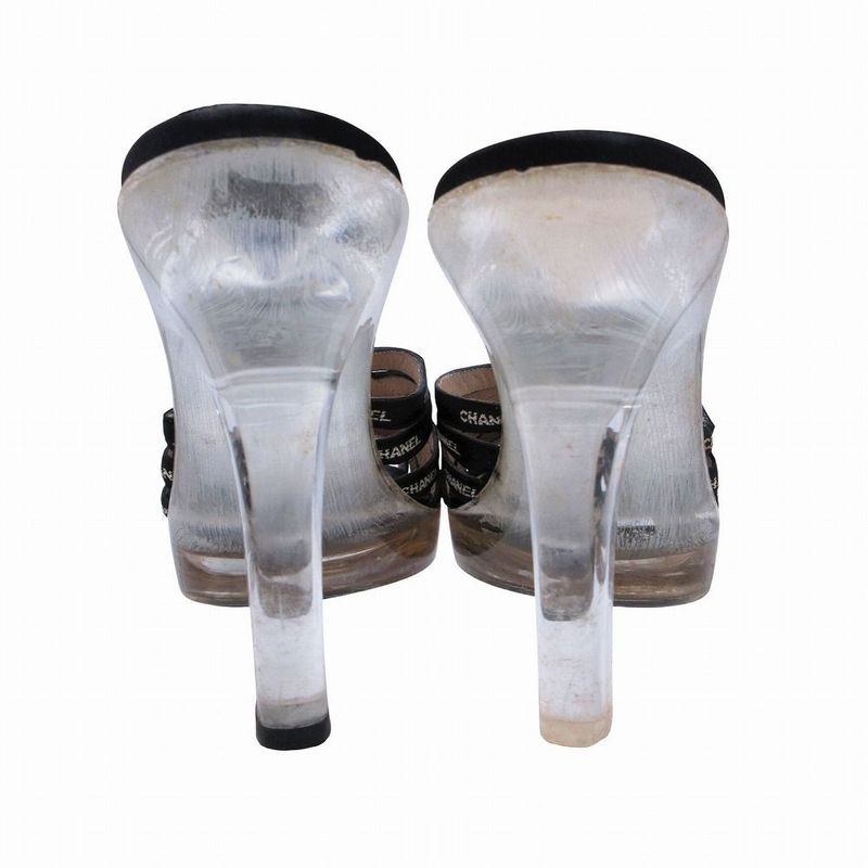 Chanel Logo Strap Sandals Shoes Clear Heel Black