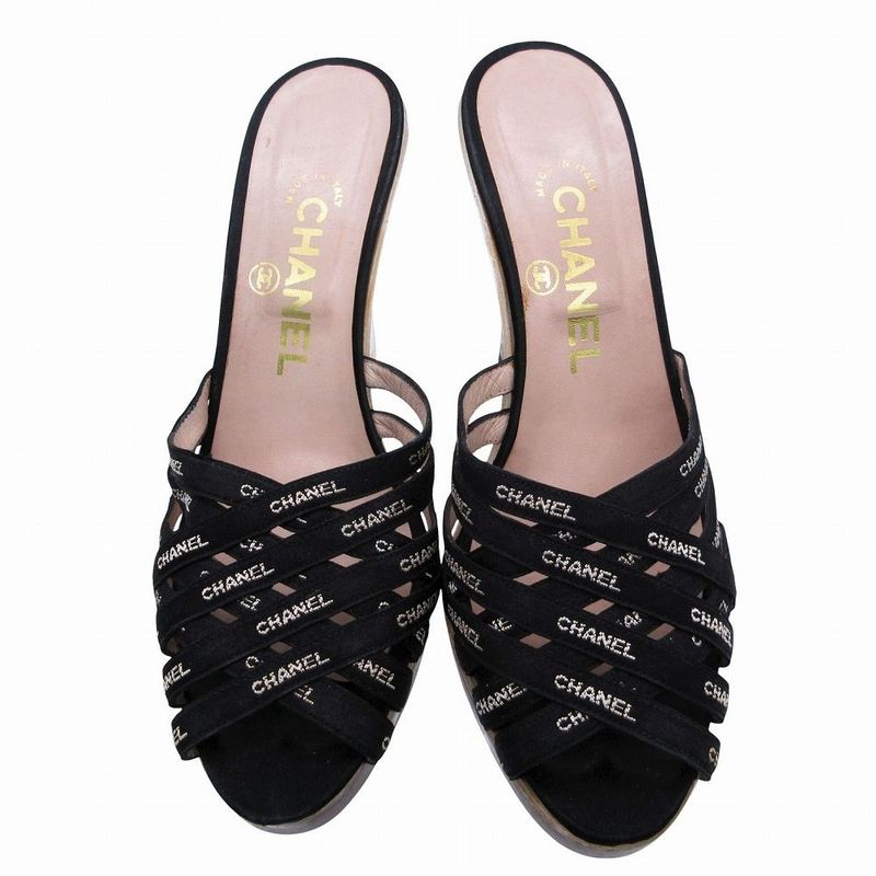Chanel Logo Strap Sandals Shoes Clear Heel Black